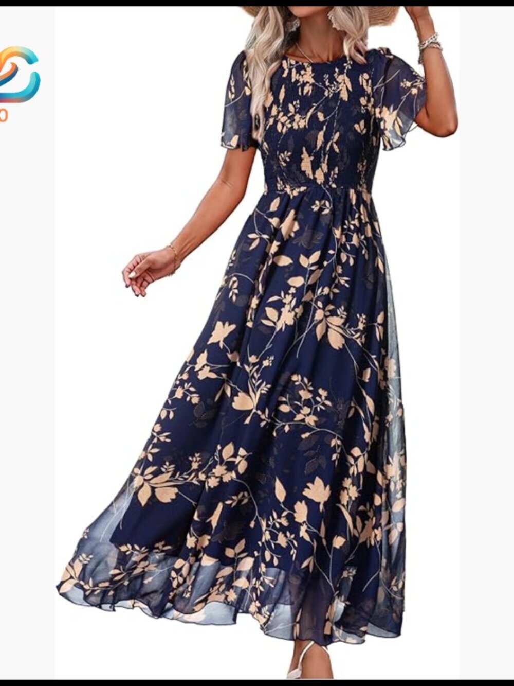 Flowy Chiffon Maxi Dress Smocked Top Flutter Sleeve Summer Boho
